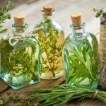 Bottles of thyme and rosemary essential oil or infusion, herbal medicine.